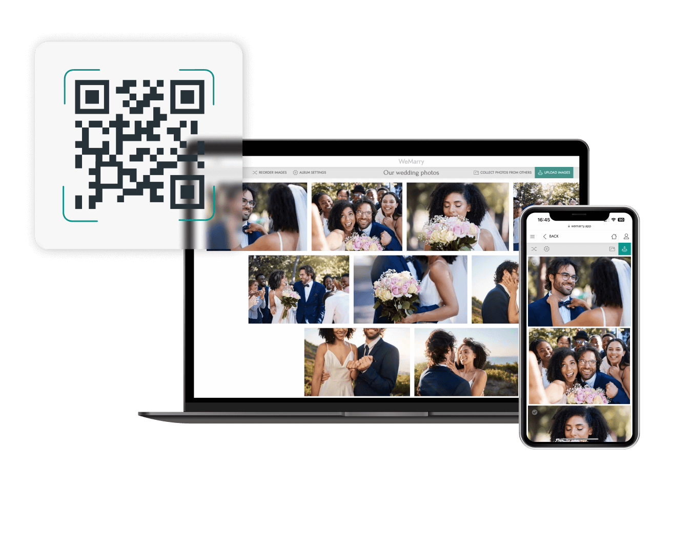 Sdílená svatební fotogalerie WeMarry — nahrávání fotek hostů přes QR kód